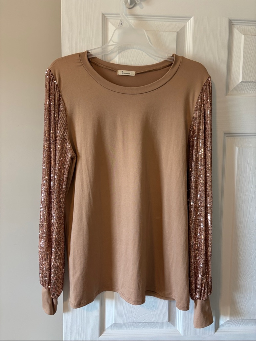Sequin-Sleeve Long Sleeve Tee in Taupe by (blank)
